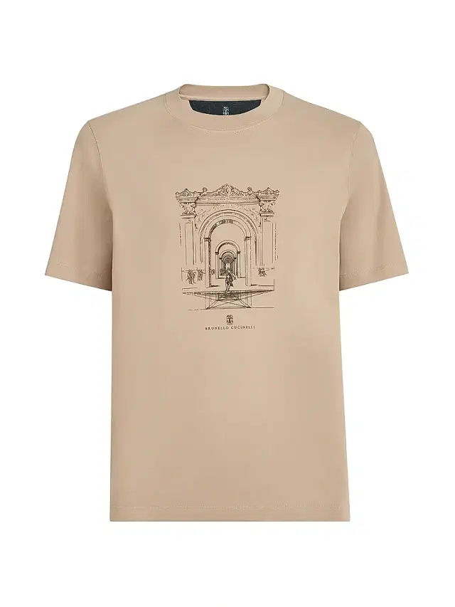 Brunello Cucinelli Men's Cotton Interlock Crewneck T-Shirt with Print - Beige