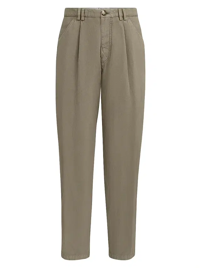 Brunello Cucinelli Men's Garment Dyed Trousers in Cotton and Linen Canvas - Military