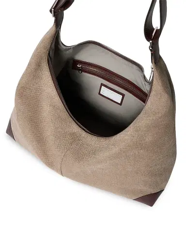 Brunello Cucinelli Women's Water Resistant Canvas and Burnished Calfskin Hobo Bag - Leather | Thumbnail 3