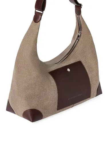 Brunello Cucinelli Women's Water Resistant Canvas and Burnished Calfskin Hobo Bag - Leather | Thumbnail 4
