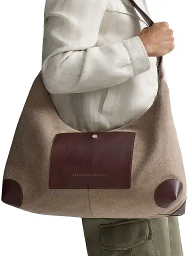 Brunello Cucinelli Women's Water Resistant Canvas and Burnished Calfskin Hobo Bag - Leather | Thumbnail 5
