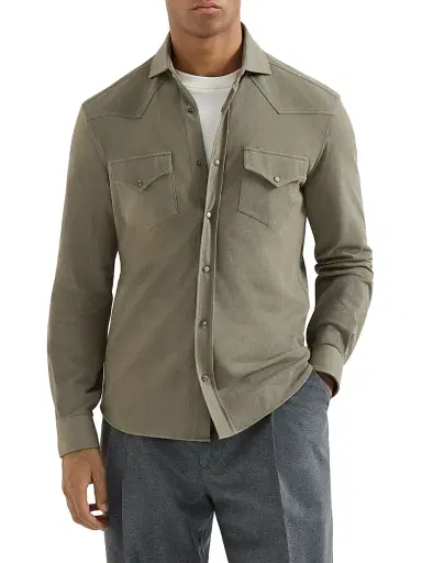 Brunello Cucinelli Men's Cotton Piqué Western Shirt | Thumbnail 2 Brunello Cucinelli Men's Cotton Piqué Western Shirt | Thumbnail 2