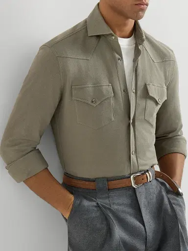 Brunello Cucinelli Men's Cotton Piqué Western Shirt | Thumbnail 5 Brunello Cucinelli Men's Cotton Piqué Western Shirt | Thumbnail 5