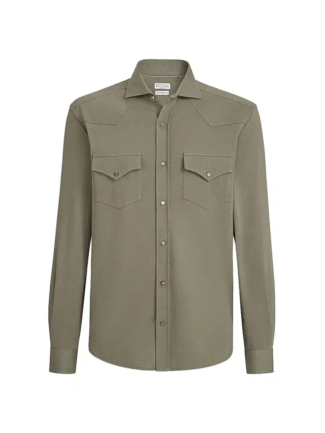 Brunello Cucinelli Men's Cotton Piqué Western Shirt - Military