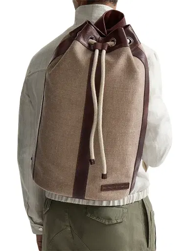 Brunello Cucinelli Women's Water Resistant Canvas and Burnished Calfskin Drawstring Backpack | Thumbnail 2 Brunello Cucinelli Women's Water Resistant Canvas and Burnished Calfskin Drawstring Backpack | Thumbnail 2