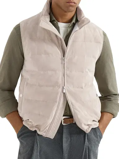 Brunello Cucinelli Men's Suede Down Vest with Packable Hood | Thumbnail 2