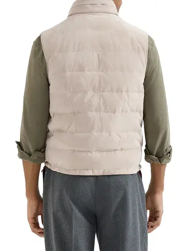 Brunello Cucinelli Men's Suede Down Vest with Packable Hood | Thumbnail 3