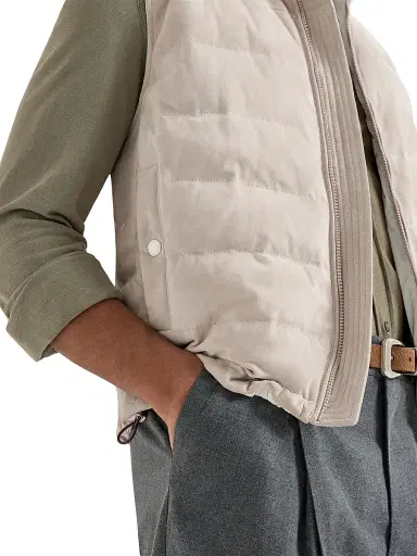 Brunello Cucinelli Men's Suede Down Vest with Packable Hood | Thumbnail 4