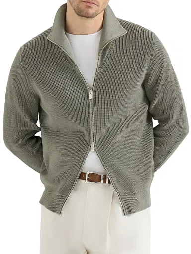 Brunello Cucinelli Men's Cotton Half English Rib Cardigan with Zipper | Thumbnail 2 Brunello Cucinelli Men's Cotton Half English Rib Cardigan with Zipper | Thumbnail 2