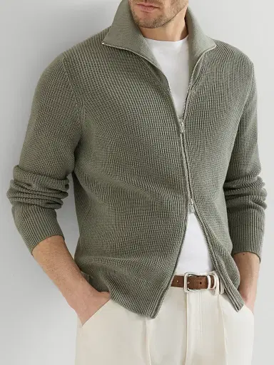 Brunello Cucinelli Men's Cotton Half English Rib Cardigan with Zipper | Thumbnail 5 Brunello Cucinelli Men's Cotton Half English Rib Cardigan with Zipper | Thumbnail 5