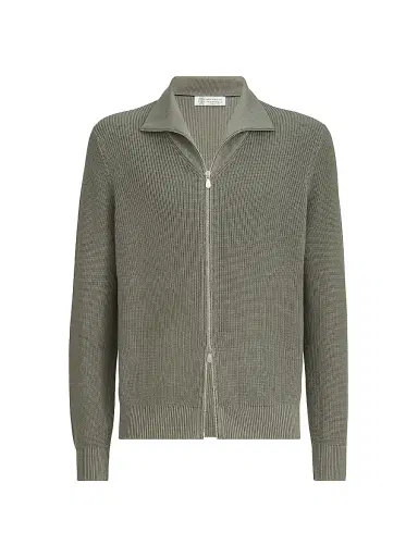 Brunello Cucinelli Men's Cotton Half English Rib Cardigan with Zipper | Thumbnail 1 Brunello Cucinelli Men's Cotton Half English Rib Cardigan with Zipper | Thumbnail 1