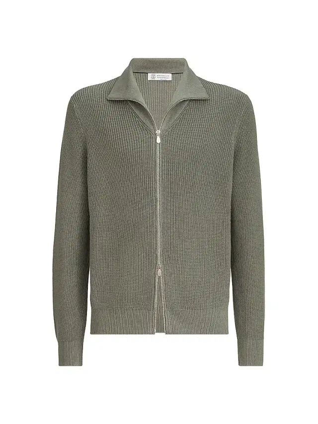 Brunello Cucinelli Men's Cotton Half English Rib Cardigan with Zipper - Military