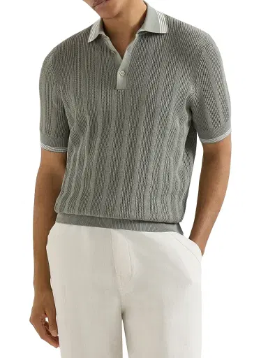 Brunello Cucinelli Men's Cotton Textured Rib Knit Polo Shirt - Khaki - Size 32 | Thumbnail 2