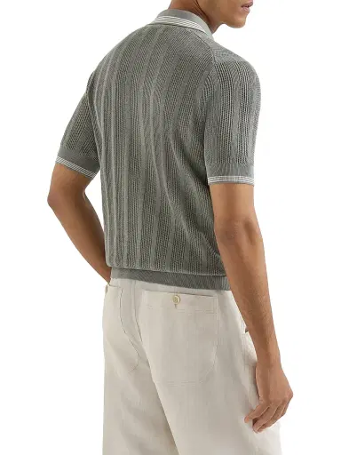 Brunello Cucinelli Men's Cotton Textured Rib Knit Polo Shirt - Khaki - Size 32 | Thumbnail 3