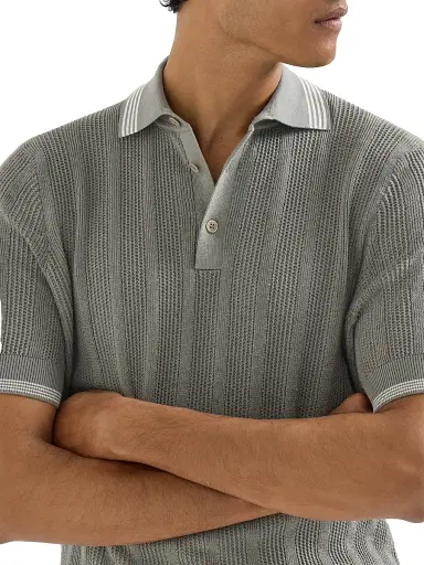 Brunello Cucinelli Men's Cotton Textured Rib Knit Polo Shirt - Khaki - Size 32 | Thumbnail 4