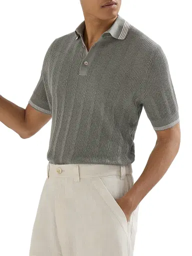 Brunello Cucinelli Men's Cotton Textured Rib Knit Polo Shirt - Khaki - Size 32 | Thumbnail 5
