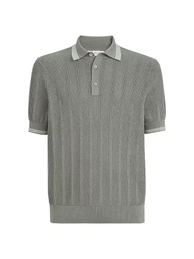 Brunello Cucinelli Men's Cotton Textured Rib Knit Polo Shirt - Khaki - Size 32 | Thumbnail 1