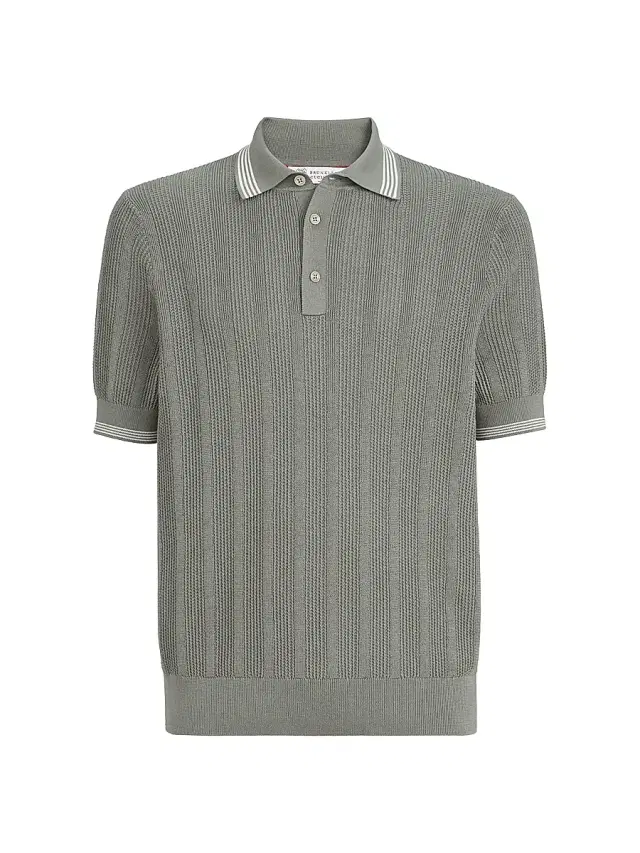 Brunello Cucinelli Men's Cotton Textured Rib Knit Polo Shirt - Khaki
