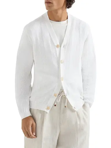 Brunello Cucinelli Men's Linen and Cotton Textured Rib Cardigan | Thumbnail 2 Brunello Cucinelli Men's Linen and Cotton Textured Rib Cardigan | Thumbnail 2