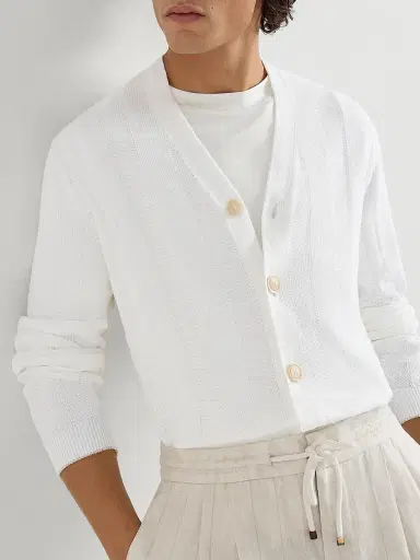 Brunello Cucinelli Men's Linen and Cotton Textured Rib Cardigan | Thumbnail 5 Brunello Cucinelli Men's Linen and Cotton Textured Rib Cardigan | Thumbnail 5