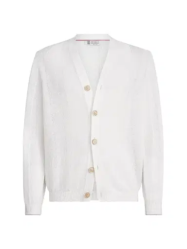 Brunello Cucinelli Men's Linen and Cotton Textured Rib Cardigan | Thumbnail 1 Brunello Cucinelli Men's Linen and Cotton Textured Rib Cardigan | Thumbnail 1
