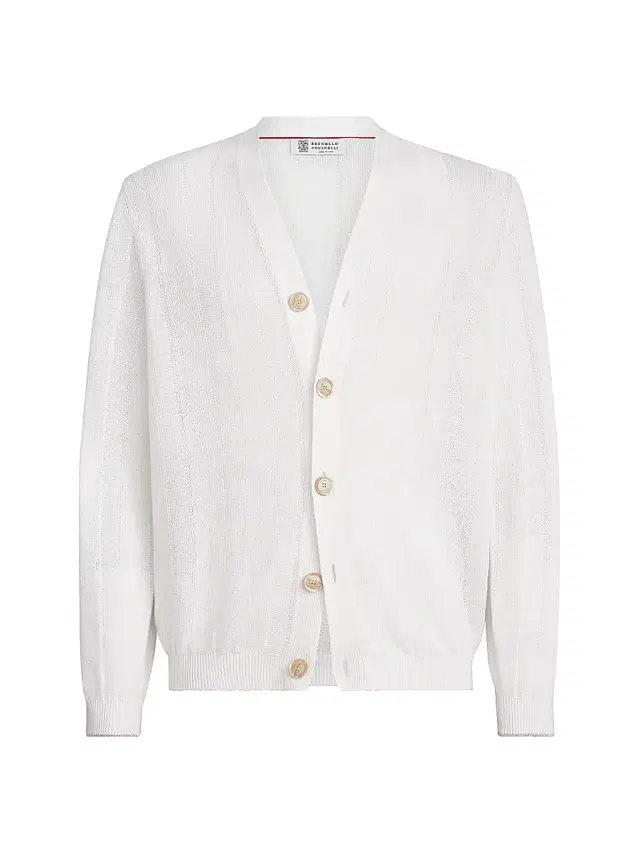 Brunello Cucinelli Men's Linen and Cotton Textured Rib Cardigan - White