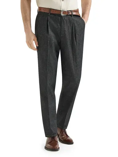 Brunello Cucinelli Men's No Fade Lightweight Denim Trousers with Pleats - Dark Grey - Size 48 | Thumbnail 2