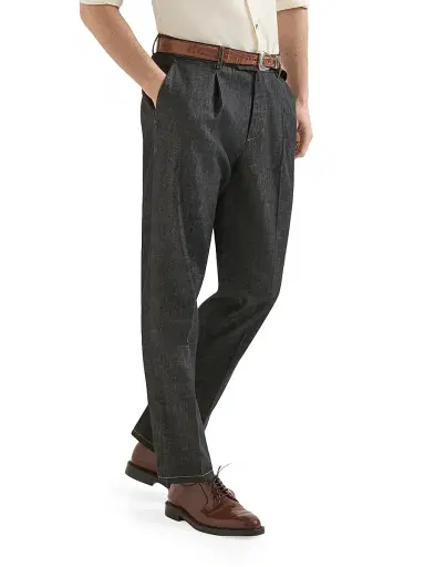 Brunello Cucinelli Men's No Fade Lightweight Denim Trousers with Pleats - Dark Grey - Size 48 | Thumbnail 3