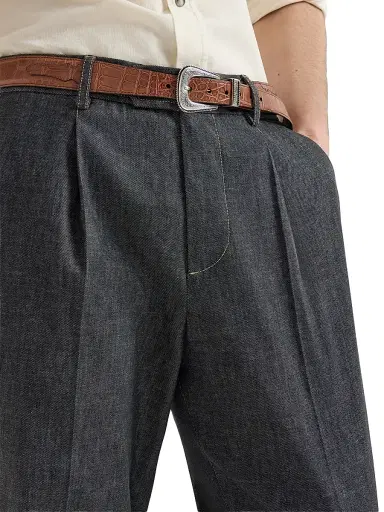 Brunello Cucinelli Men's No Fade Lightweight Denim Trousers with Pleats - Dark Grey - Size 48 | Thumbnail 5