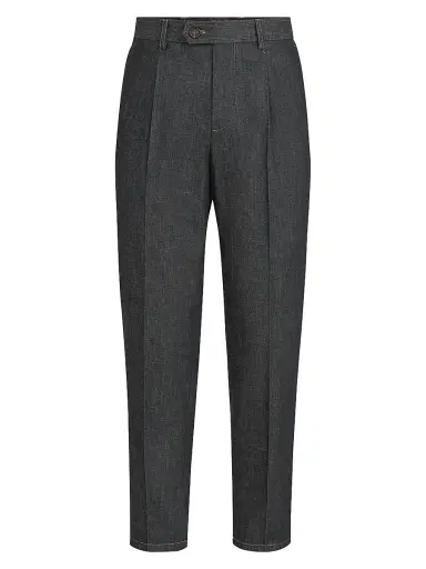 Brunello Cucinelli Men's No Fade Lightweight Denim Trousers with Pleats - Dark Grey - Size 48 | Thumbnail 1