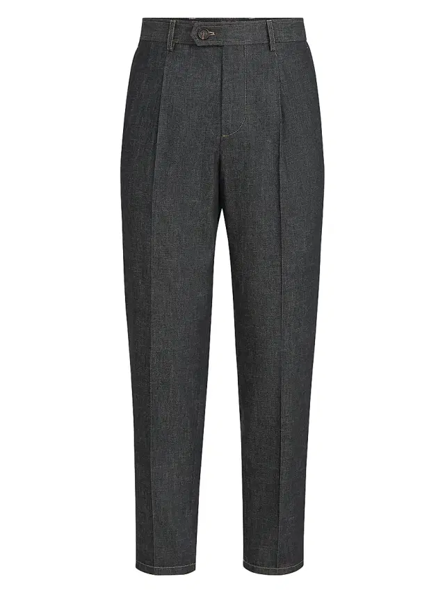 Men's No Fade Lightweight Denim Trousers with Pleats - Dark Grey