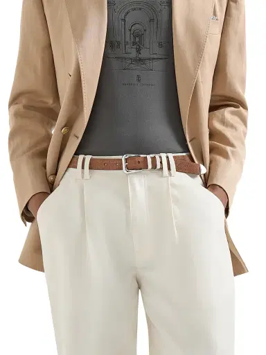 Brunello Cucinelli Men's Reversed Calfskin Belt with Chevron Design - Hazelnut - Size 48 | Thumbnail 2