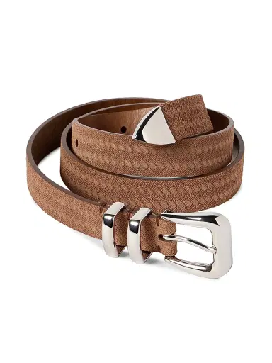 Brunello Cucinelli Men's Reversed Calfskin Belt with Chevron Design - Hazelnut - Size 48 | Thumbnail 3