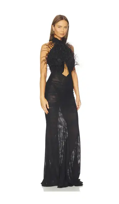 LaPointe Feather Embroidery Sleeveless Halter Ruched Gown | Thumbnail 2 LaPointe Feather Embroidery Sleeveless Halter Ruched Gown | Thumbnail 2
