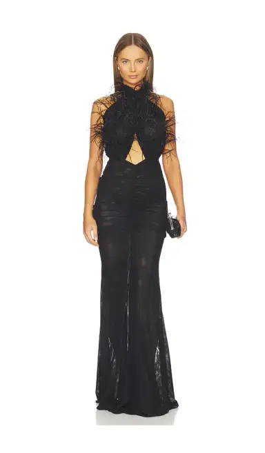 LaPointe Feather Embroidery Sleeveless Halter Ruched Gown | Thumbnail 1 LaPointe Feather Embroidery Sleeveless Halter Ruched Gown | Thumbnail 1