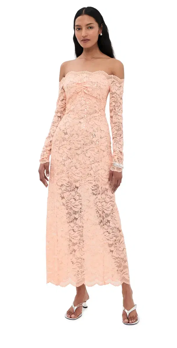 Lace Dress with Sequin Embroidery Salmon Pink