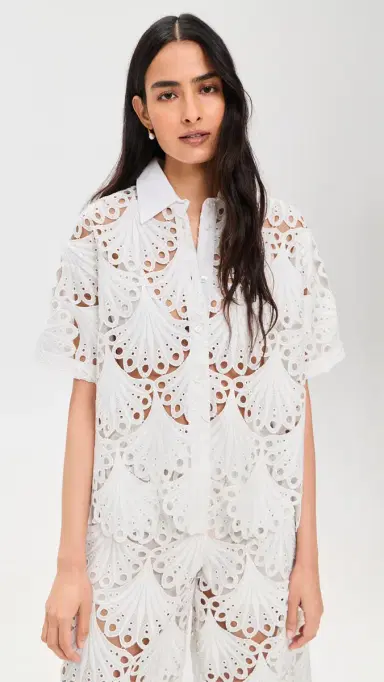 MEIMEIJ Short Sleeve Button Down Lace Top Latte 42 | Thumbnail 2