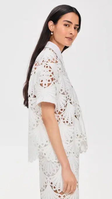 MEIMEIJ Short Sleeve Button Down Lace Top Latte 42 | Thumbnail 4