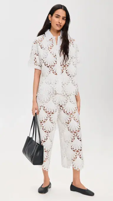 MEIMEIJ Short Sleeve Button Down Lace Top Latte 42 | Thumbnail 5
