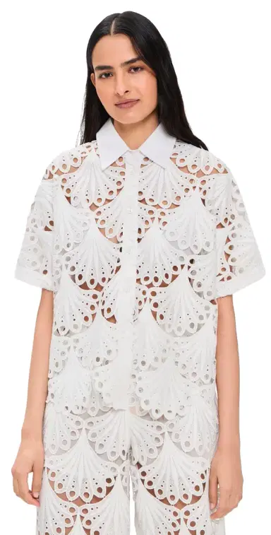 MEIMEIJ Short Sleeve Button Down Lace Top Latte 42 | Thumbnail 1