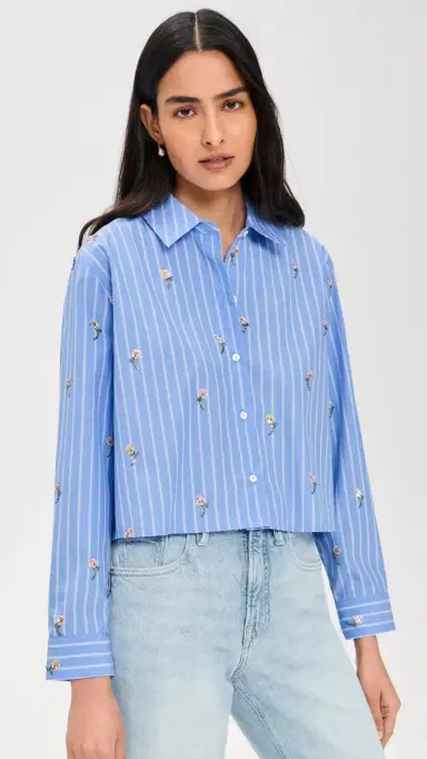 L'AGENCE Cosette Crop High Low hirt Blue tripe/equin Flower | Thumbnail 2 L'AGENCE Cosette Crop High Low hirt Blue tripe/equin Flower | Thumbnail 2