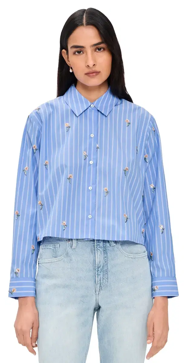 L'AGENCE Cosette Crop High Low hirt Blue tripe/equin Flower