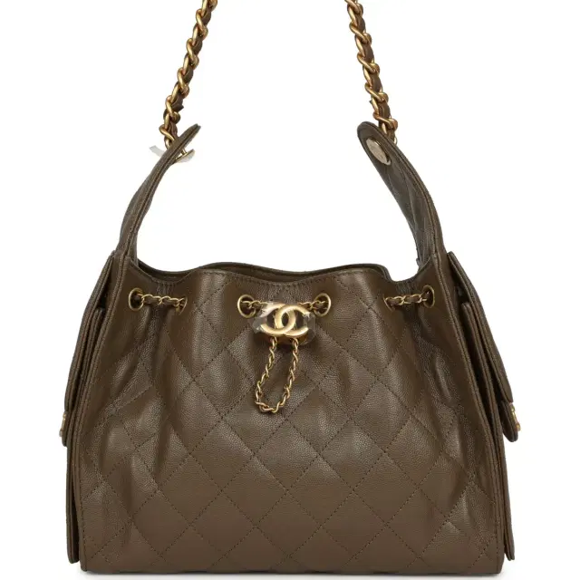 Chanel Small 25 Hobo Bag Dark Khaki Caviar Antique Gold Hardware