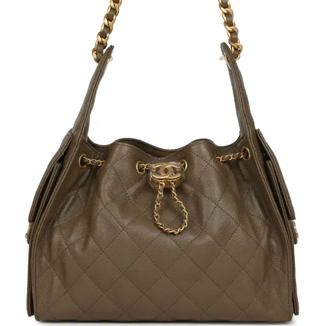 Chanel Small 25 Hobo Bag Dark Khaki Caviar Antique Gold Hardware
