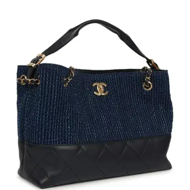 Chanel Chanel Small Coco Base Hobo Bag Blue Denim Tweed and Navy Blue Shiny Lambskin Gold Hardware | Thumbnail 2 Chanel Chanel Small Coco Base Hobo Bag Blue Denim Tweed and Navy Blue Shiny Lambskin Gold Hardware | Thumbnail 2