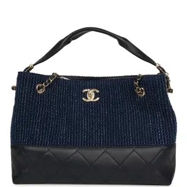 Chanel Chanel Small Coco Base Hobo Bag Blue Denim Tweed and Navy Blue Shiny Lambskin Gold Hardware | Thumbnail 1 Chanel Chanel Small Coco Base Hobo Bag Blue Denim Tweed and Navy Blue Shiny Lambskin Gold Hardware | Thumbnail 1
