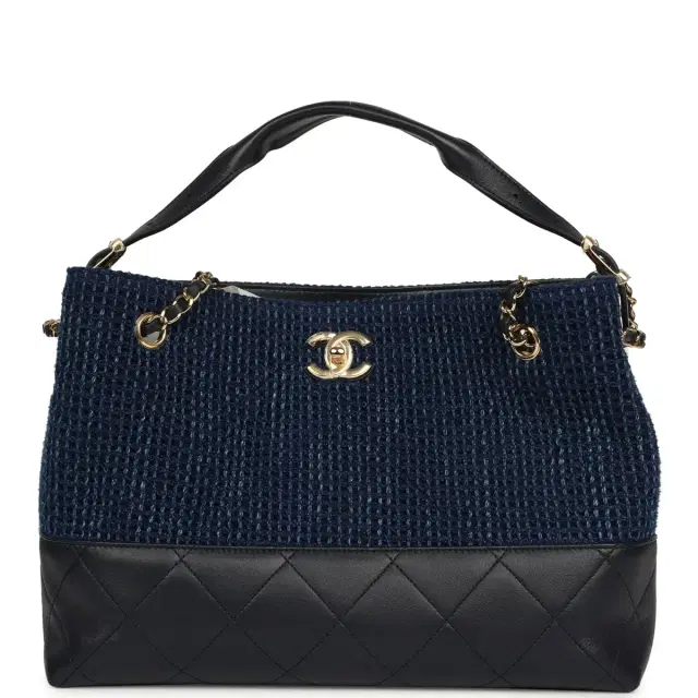Chanel Chanel Small Coco Base Hobo Bag Blue Denim Tweed and Navy Blue Shiny Lambskin Gold Hardware