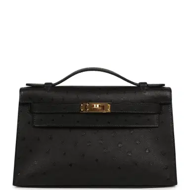 HERMÈS Hermes Kelly Pochette Black Ostrich Gold Hardware | Thumbnail 1 HERMÈS Hermes Kelly Pochette Black Ostrich Gold Hardware | Thumbnail 1