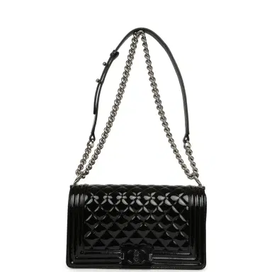 Chanel Pre-owned Chanel Medium Boy Bag Black Patent Silver Hardware | Thumbnail 7 Chanel Pre-owned Chanel Medium Boy Bag Black Patent Silver Hardware | Thumbnail 7