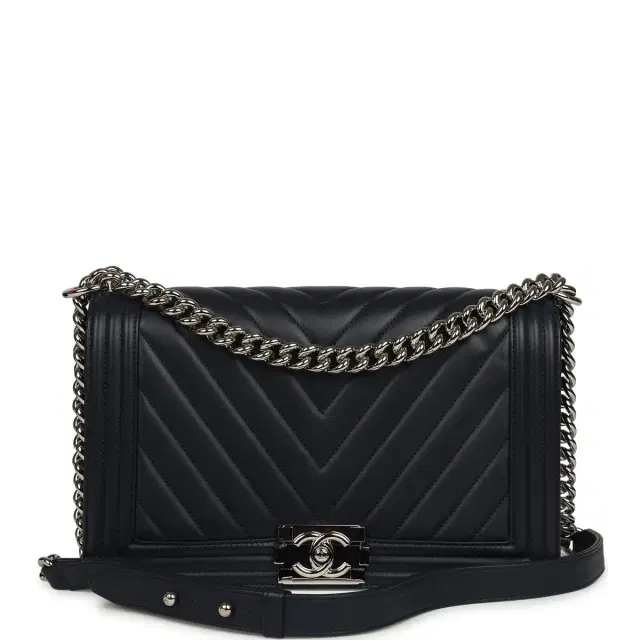 Chanel Pre-owned Chanel New Medium Chevron Boy Bag Navy Blue Calfskin Silver Hardware